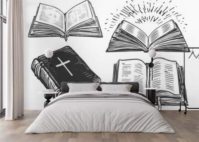 Holy Bible sketch. Old open book with ribbon bookmark. Hand drawn illustration in vintage engraving style Wall mural