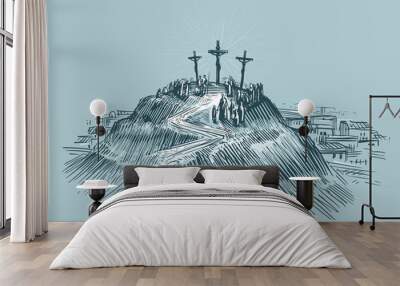 Jesus on cross. Mount Golgotha. Art sketch vector illustration Wall mural