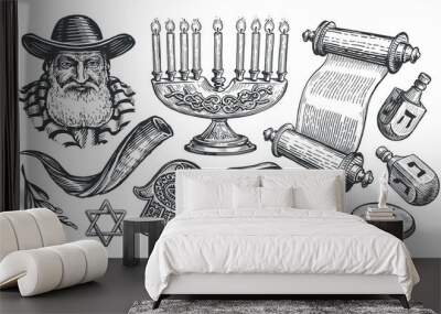 Jewish set sketch. Torah scroll, Menorah, Shofar, Rabbi, Miriam hand. Religion concept vintage vector illustration Wall mural