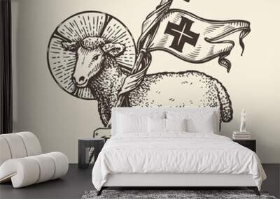 lamb or sheep holding cross. religious symbol. sketch vector Wall mural