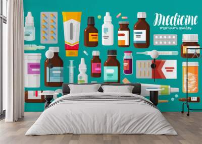 medicine, pharmacy, hospital set of drugs with labels. medication, pharmaceutics concept. vector ill Wall mural