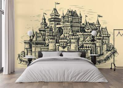 Medieval town. Stone castle with towers. Cityscape in vintage engraving style. Sketch vector illustration Wall mural