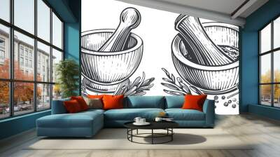 Mortar and pestle engraving style sketch. Herbs and spices vector illustration Wall mural