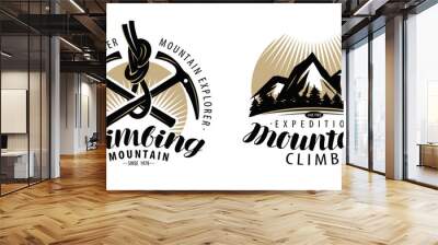 Mountaineering, climbing logo or label. Expedition, mountain climb emblem. Vintage lettering vector Wall mural