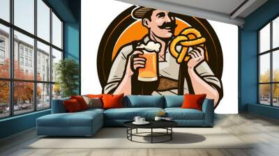 Oktoberfest, beer festival. Happy man in national costume holds a glass of ale and pretzel in hands. Cartoon vector illustration Wall mural