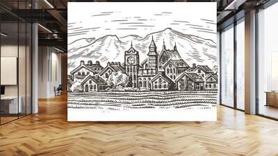 Old town against backdrop of mountain landscape. Engraved illustration of a hand drawn sketch in vintage retro style Wall mural