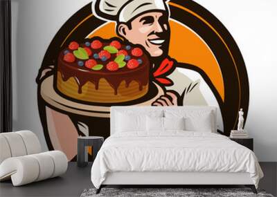 Pastry shop logo or label. Chef with cake on a tray. Cartoon vector illustration Wall mural