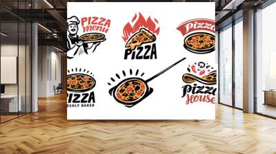 Pizza logo set. Emblems or restaurant menu, pizzeria, cafe. Vector illustration Wall mural