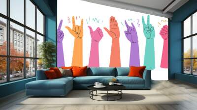 Raised hands gestures express happiness and success. Crowd of people rejoice vector illustration Wall mural