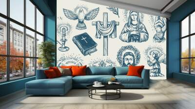 Religion symbols set sketch. Biblical motifs. Cross spirituality, catholicism, christianity religious elements Wall mural