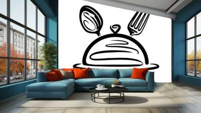 Restaurant, food service emblem. Hand with spoon and fork symbol. Black and white vector drawing Wall mural