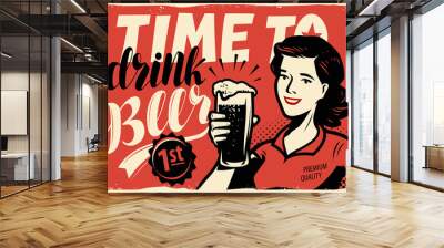 Retro beer poster. Vintage sign advertising ale. Pub vector illustration Wall mural