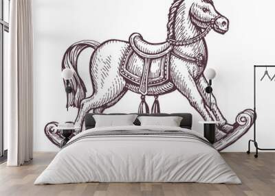 Retro wooden rocking horse sketch. Children toy in vintage engraving style. Vector illustration isolated on white Wall mural