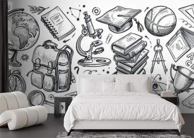 School concept. Collection of education items. Hand drawn sketch doodle vector illustration Wall mural