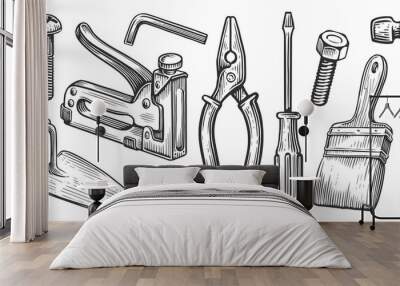 Set of hand work tools for construction or repair work. Hand drawn sketch illustration Wall mural