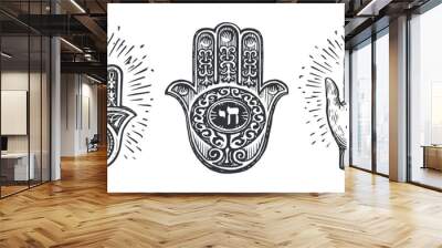 Set of Jewish Hamsa amulet or talisman, hand Miriam, hand with star of David and inscription in Hebrew of word Life Wall mural