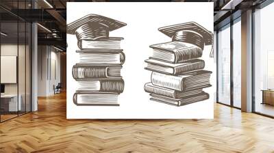 Stack of books with graduation cap sketch. Studying in college, school concept. Vintage vector illustration Wall mural