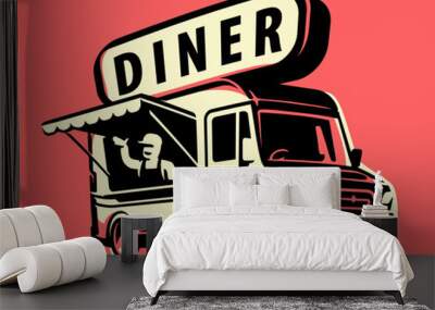 Street fast food service. Truck restaurant or cafe. Diner, retro advertising vector illustration Wall mural