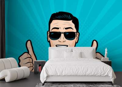 Successful man showing thumbs up. Retro comic pop art vector illustration Wall mural