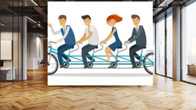 Teamwork concept. Business people or students riding tandem bike. Cartoon vector illustration Wall mural