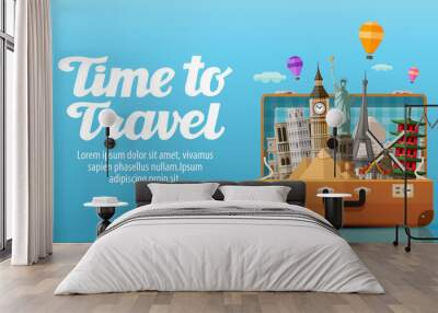 travel to world. open suitcase with landmarks. vector illustration Wall mural