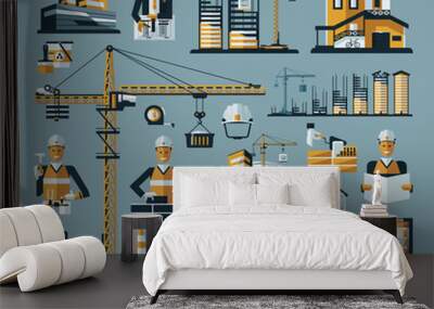 vector colored construction icons set on a blue background Wall mural