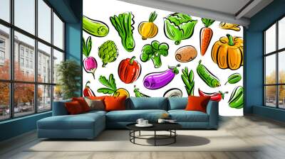 Vegetarian organic healthy food set. Farm vegetables collection. Vegan concept. Color vector illustration Wall mural