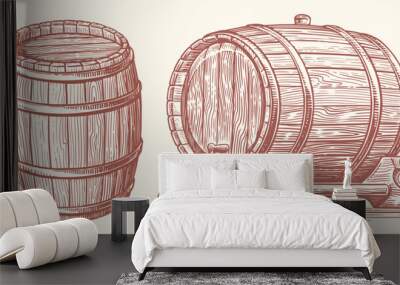 Wooden barrel, hand drawn engraving style vector illustration. Oak cask or keg drawing Wall mural