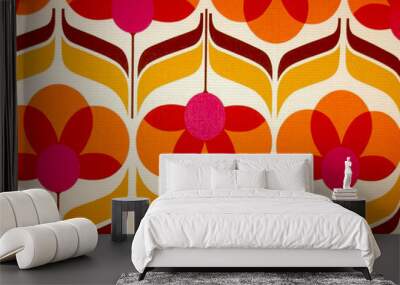 Summer floral pattern on fabric in the colours of the 1960s.  Wall mural