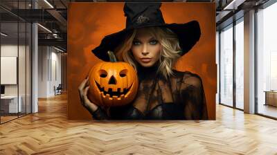 Beautiful girl in black witch costume with pumpkin. Halloween concept. Wall mural