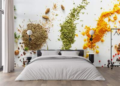 Assorted spices on white background. Delicious food ingredients, cooking concept Wall mural