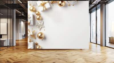 Christmas Flat Lay Background.Beautiful christmas golden shiny decorations on a white background.New Year composition.Holiday card.Top view, copy space,  Created using generative AI tools. Wall mural