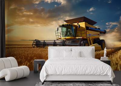 Combine harvester harvests ripe wheat. agriculture,  Created using generative AI tools. Wall mural