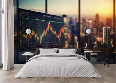 Creative workplace with forex chart on window with night city view. Trade and finance concept Wall mural