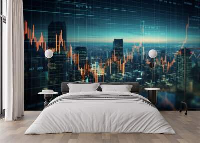 Creative workplace with forex chart on window with night city view. Trade and finance concept Wall mural