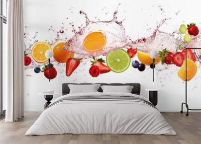 Fresh citrus fruits, crystal ice cubes and splashing water on white background. Banner design, summer refreshment concept,  Created using generative AI tools. Wall mural