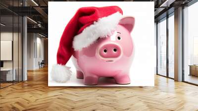 funny pink pig wearing a red and white santa hat, white background, planning for the cost of christmas concept Wall mural