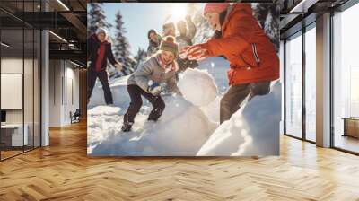 Group of children playing on snow in winter time,  Created using generative AI tools. Wall mural