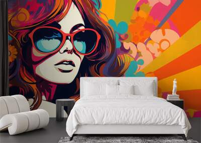 Hippie girl in pop art comic style, retro hippie woman with blonde hair and flower vector illustration,  Created using generative AI tools Wall mural