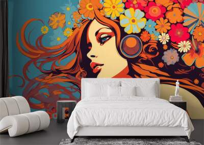 Hippie girl in pop art comic style, retro hippie woman with blonde hair and flower vector illustration,  Created using generative AI tools Wall mural