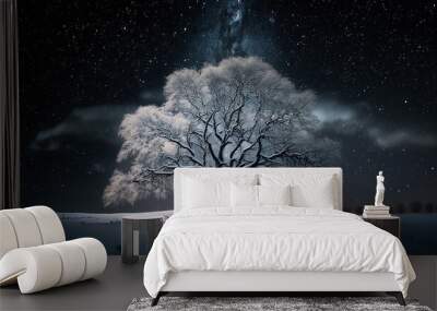 lone tree in a winter night, clear night sky ,  Created using generative AI tools. Wall mural