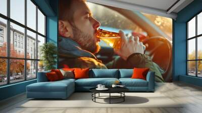 Man drinking alcohol while driving in his car Wall mural