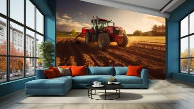 red tractor plowing cereal field with sky with clouds,  Created using generative AI tools. Wall mural