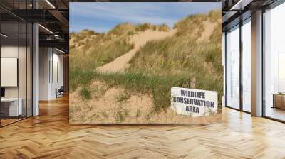 wildlife conservation sign at Talacre sand dunes point of ayr Flintshire amongst the marram grass Wall mural