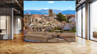 Panoramic view of the El Salvador neighborhood, with the belfries of the Saint Justo y Pastor church and El Salvador parish in the background. View from Oriental square. Segovia, Spain. Wall mural