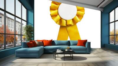 Yellow rosette ribbon with a blank copy space, isolated on a white background. Wall mural