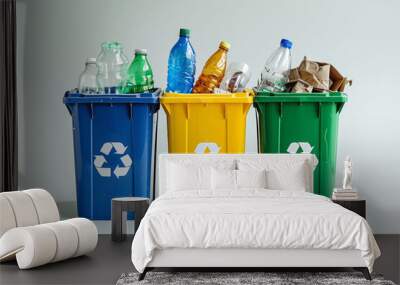 Colorful Recycling Bins Filled with Recyclable Materials Wall mural