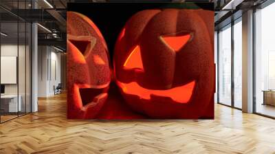 Two glowing carved pumpkins in a dark background - halloween concept Wall mural