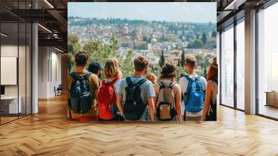 Group of backpack-clad tourists enjoying a panoramic view of a historic city from a verdant hilltop Wall mural