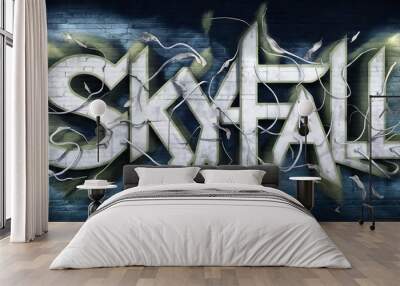 Calligraphy. Lettering. Sketch of graffiti painted with white and blue paint in an urban style with the inscription 